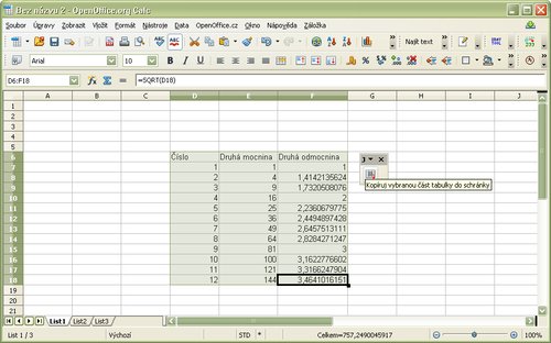 Kopírovanie označenej časti zošitu Calc do internej schránky rozšírenia