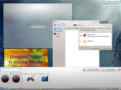 KDE prichádza s vylepšeným rozhraním pre aktivity. Napríklad pri voľbe Photos sa automaticky otvorí Gwenview a na plochu sa prid