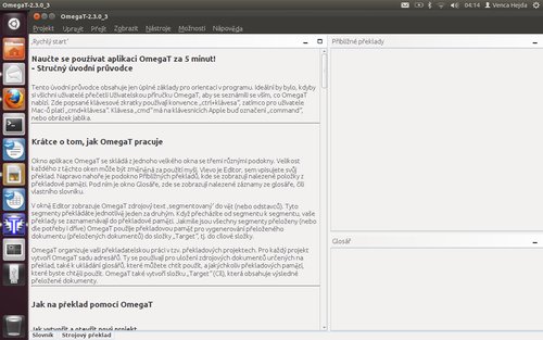 Přehledné rozložení oken a panelu aplikace po prvním spuštění, společně se spouštěčem v Ubuntu 11.10