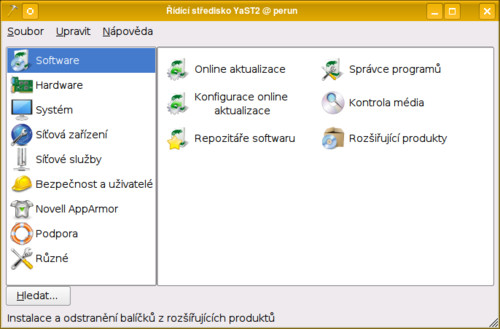 Ovládací centrum YaST ve KDE4; v GNOME a Xfce je ve stylu GTK