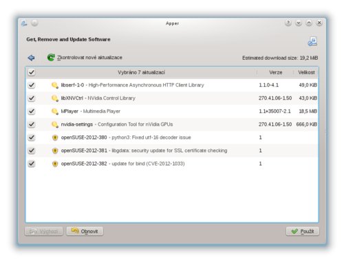 Poloautomatická aktualizace v distribuci openSUSE (nástroj Apper)