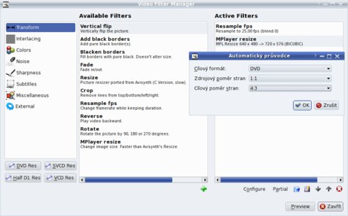 Filtry a dialog tlačítka DVD Res