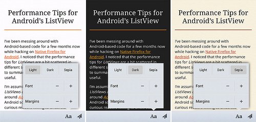 Firefox 16 pro Android – mód pro pohodlné čtení, zdroj Lucasr.org