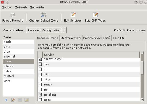 Nástroj firewall-config je čerstvá novinka a je velmi pravděpodobné, že vzhled se ještě bude měnit