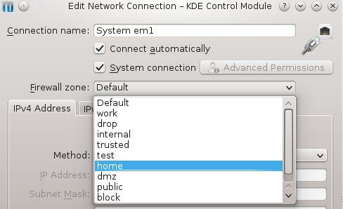 Takto vypadá nastavení zóny pro konkrétní připojení pomocí nástroje Network Connections v systémových nastaveních KDE. Podobné „