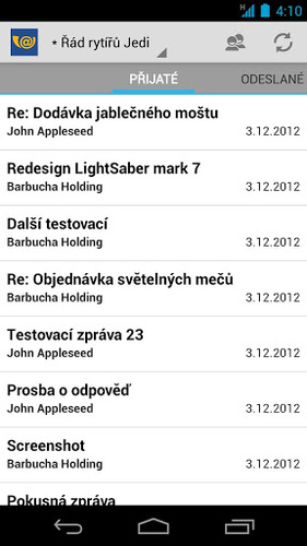 Datovka pro Android – seznam přijatých zpráv