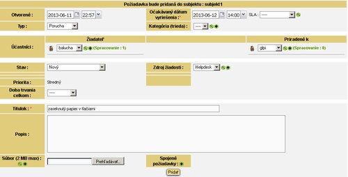 Ukážka vyplnenej novej požiadavky s počítadlami