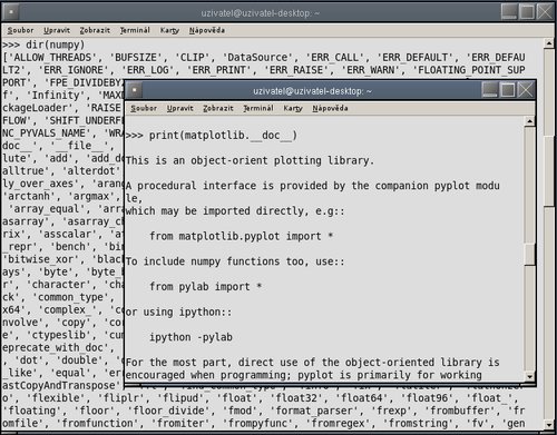 Dokumentační řetězec Matplotlib: matplotlib.__doc__, útroby knihovny NumPy: dir(Numpy)