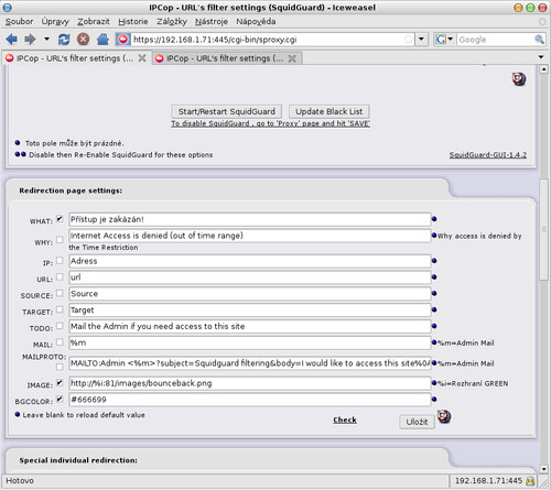 Jednoduché nastavení Redirection page settings