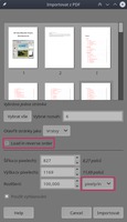 Import PDF souboru s možností obrácení pořadí stránek a nastavení rozlišení v palcích
