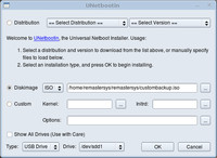 Pre vytvorenie USB kľúča z custombackup.iso nevyberajte distribúcie, ale ISO súbor, ktorý ste práve vytvorili pomocou Remastersy